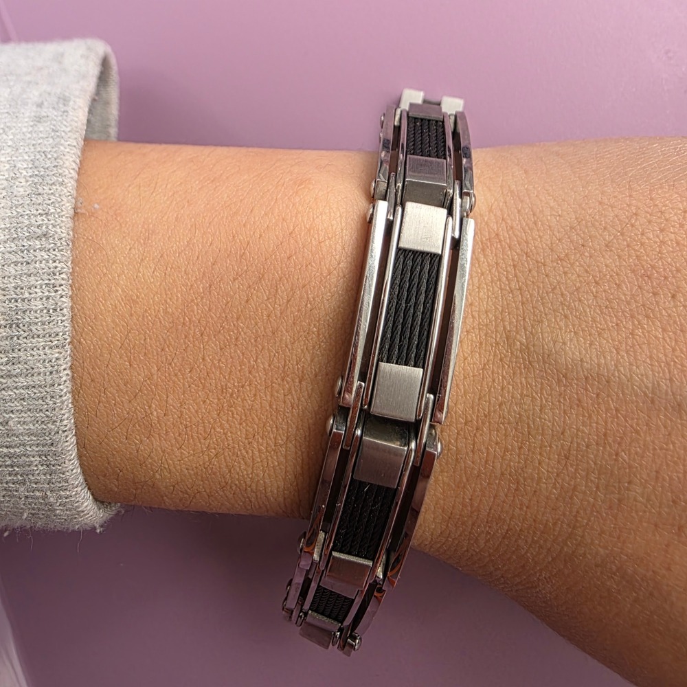 Mens Stainless Steel Black Cable Inset Link Bracelet Silver Tone Industrial Styl